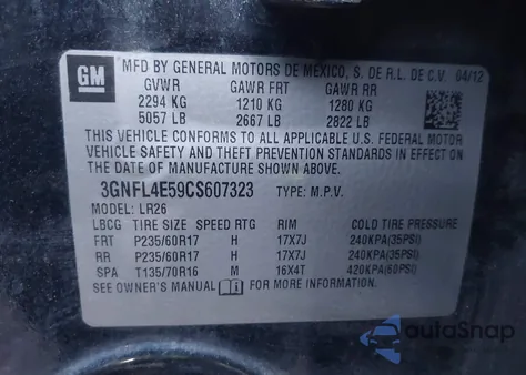 2012 Chevrolet Captiva Sport Ltz z USA, uszkodzony, nr VIN 3GNFL4E59CS607323